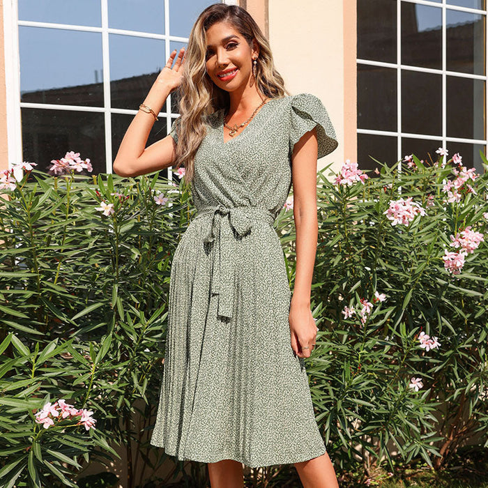 New Summer Printed Green Pleated V-neck Dress Vacation Boho Dress Ruffled Sleeve Dress