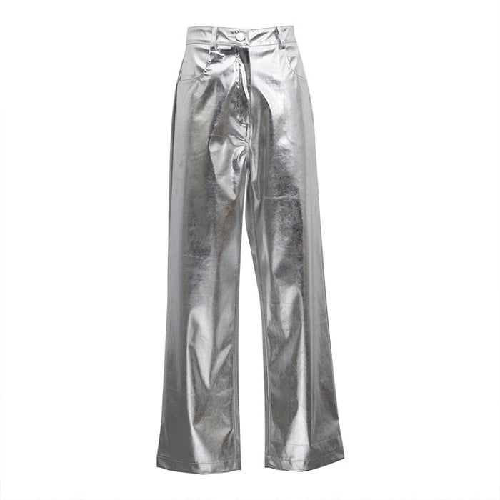 Metallic Coated fabric Women  Autumn Street High Waist Reflective Faux Leather Pants Women  Trendy Pants