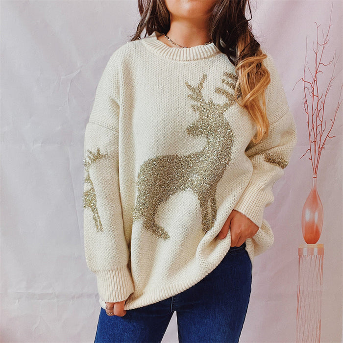 Autumn Winter Loose Gold Line Jacquard Deer Pattern Round Neck Long Sleeve Christmas Sweaters Pullover