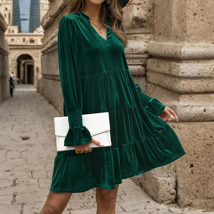 Women Clothing Long Sleeve Solid Color Velvet Autumn Winter Dress