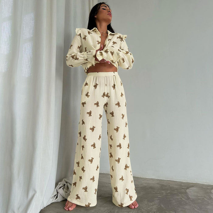 Autumn Japanese Bear Printed Loose Long Sleeves Pajamas Two Piece Set Comfortable Cotton Skin Friendly Ladies Homewear