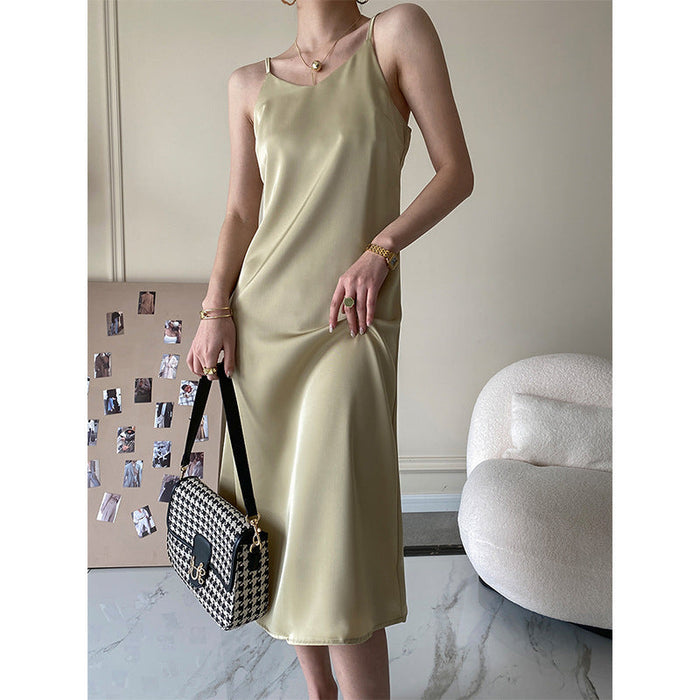 French Acetate Draping Satin Cami Dress Long Women Dress Spring