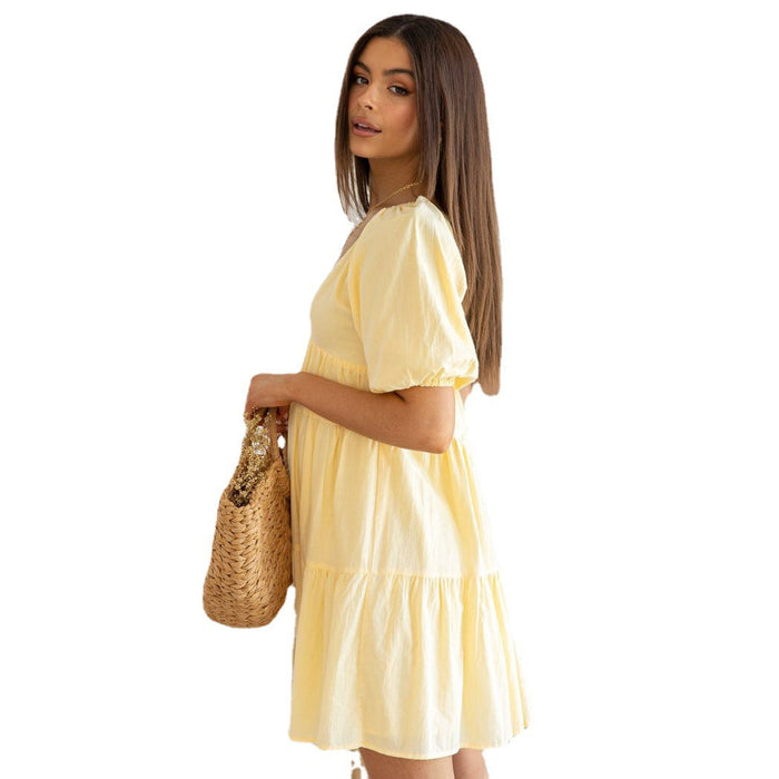 Women Clothing Spring Summer New V-neck Puff Sleeve Mini Casual Dress