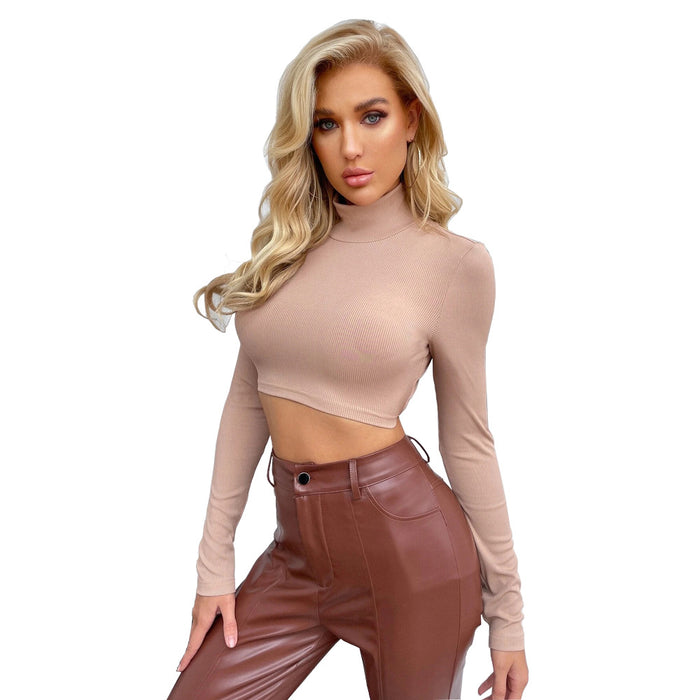 Autumn Winter Sexy Backless Slim Fit Short Turtleneck Long Sleeve T-shirt Top Bottoming Shirt