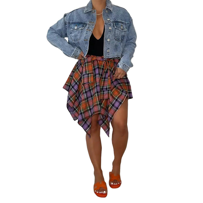 Women Clothing Nightclub Irregular Asymmetric Plaid Tied Sleeve Faux Shirt Skirt