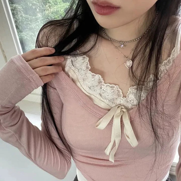 Sexy Lace Small Sling Skinny Slimming Knitted Long Sleeved Two Piece Set Pure Sweet Top for Women