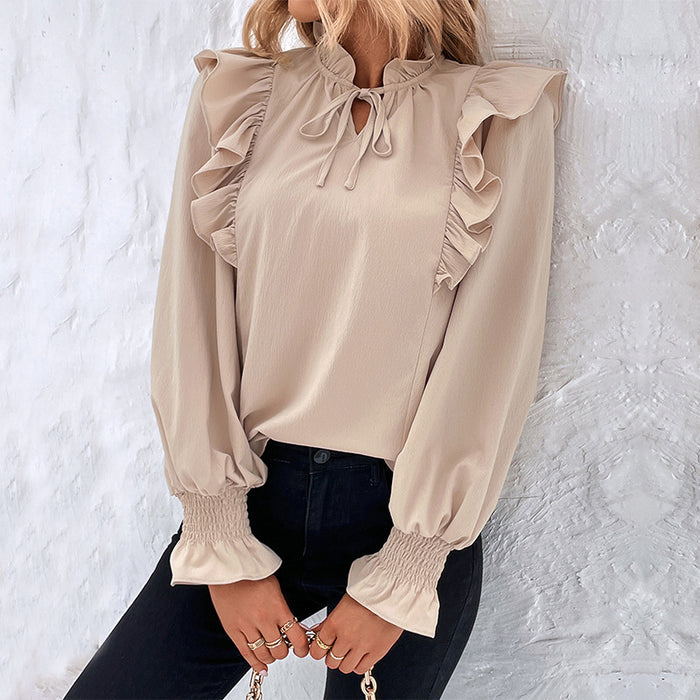 Women Clothing Spring Ruffled Long Sleeve Solid Color Shirt Women