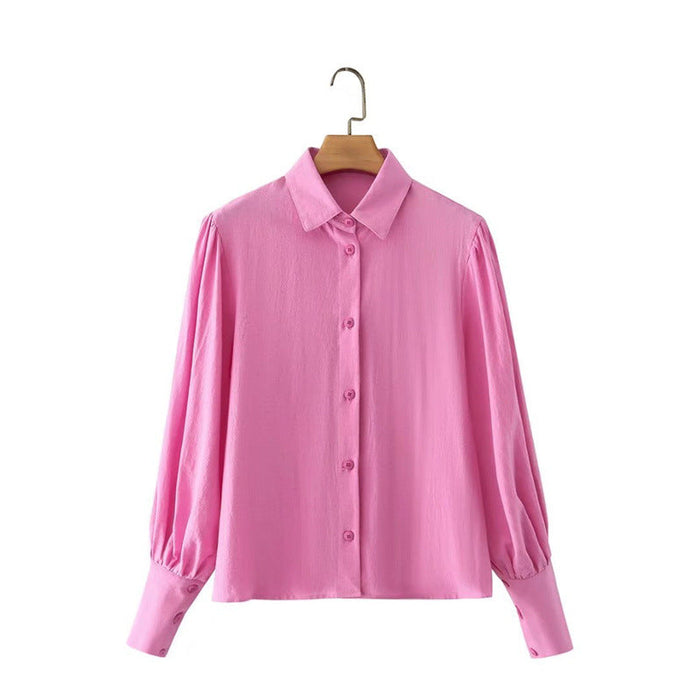 For Polo Collar Solid Color Single-Breasted Lantern Sleeve Cotton Long-Sleeved Shirt For Women