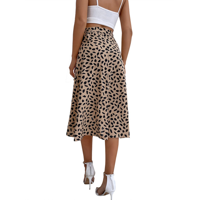 Women Clothing Casual All-Matching Graceful Polka Dot Floral Print Slit Skirt