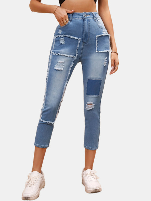 High Waist Ripped Cropped Pants Korean Casual Beggar Loose Straight Jeans