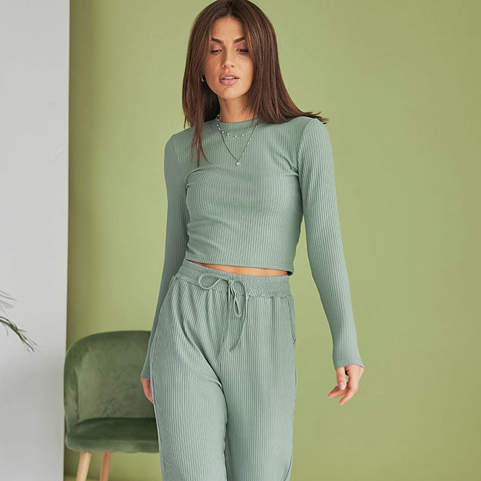 Comfortable Slim Knit Sunken Stripe Long-Sleeved Trousers Autumn Pajamas Ladie   Homewear Can Be Worn outside