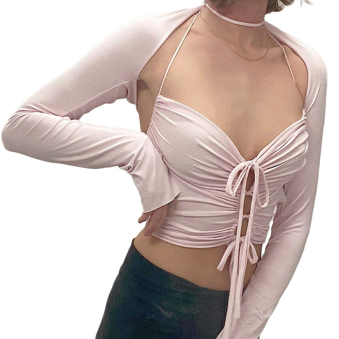 Long Sleeve Tied Sexy Sexy T shirt Solid Color Halter Sexy Cutout Cropped Long Sleeve Two Piece Set Top