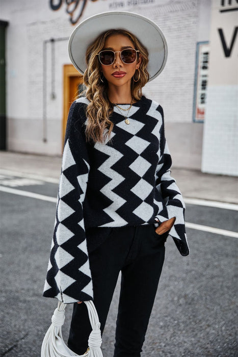 Autumn Winter Diamond Plaid Stitching Knitwear Sweater