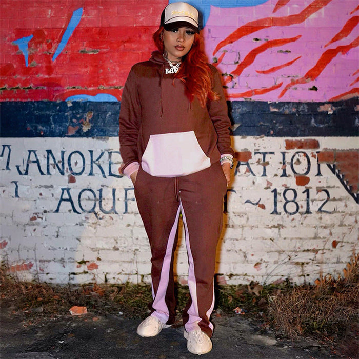 Women Clothing Autumn Winter Street Contrast Color Hooded Pocket Sweatshirt Trousers Casual Set