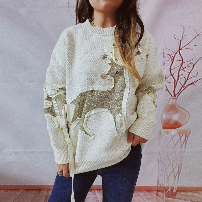 Autumn Winter Christmas Sweater Ribbon Gold Thread Jacquard Deer Round Neck Thickened Knitted Pullover