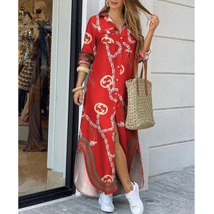 Women Clothing Spring Summer Printed Sexy Shirt Dress