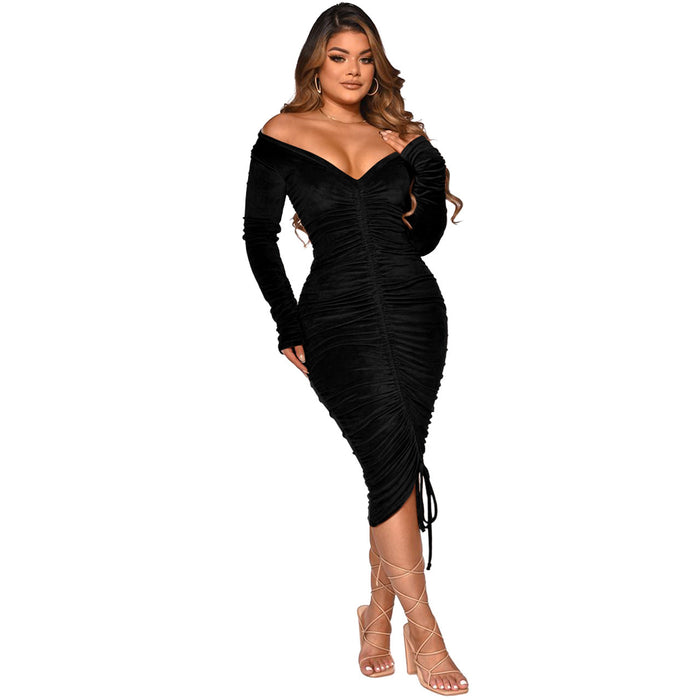 Women Clothing Autumn Winter V-neck off-Shoulder Velvet Pleating Sexy Mid-Length Dress