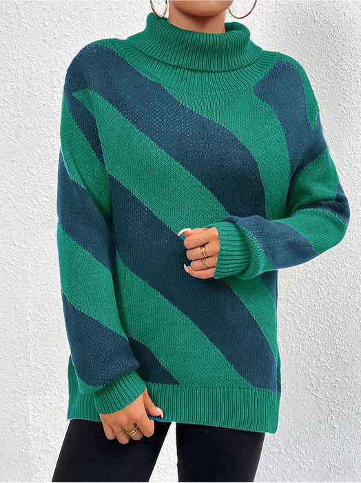 Autumn Winter Turtleneck Pullover Contrast Color Diagonal Striped Knitted Bottoming Shirt Women