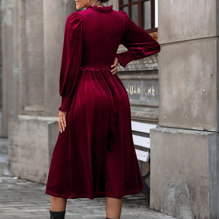 Women Clothing Long Sleeve Red V neck Velvet Dress Autumn Winter