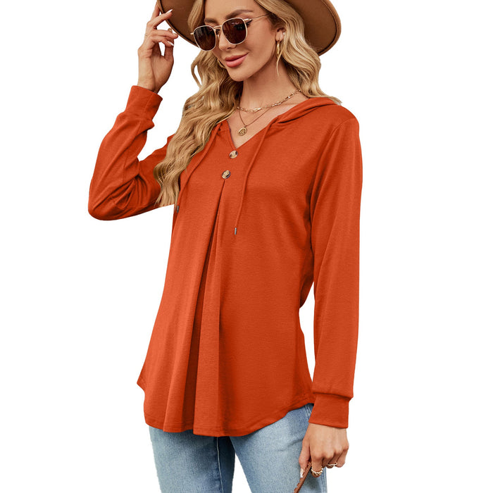 Autumn Winter Solid Color V neck Button Hooded Loose Long Sleeves Sweater Women