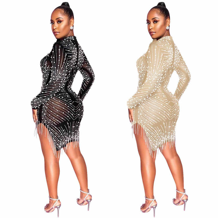 Sexy Nightclub Mesh See-through Rhinestone Bubble Bead Tassel round-Neck Long-Sleeved Dress