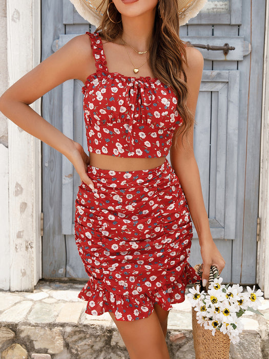 Small Floral Skirt Women Swimsuit with Chest Cup Strap Vest Top Set