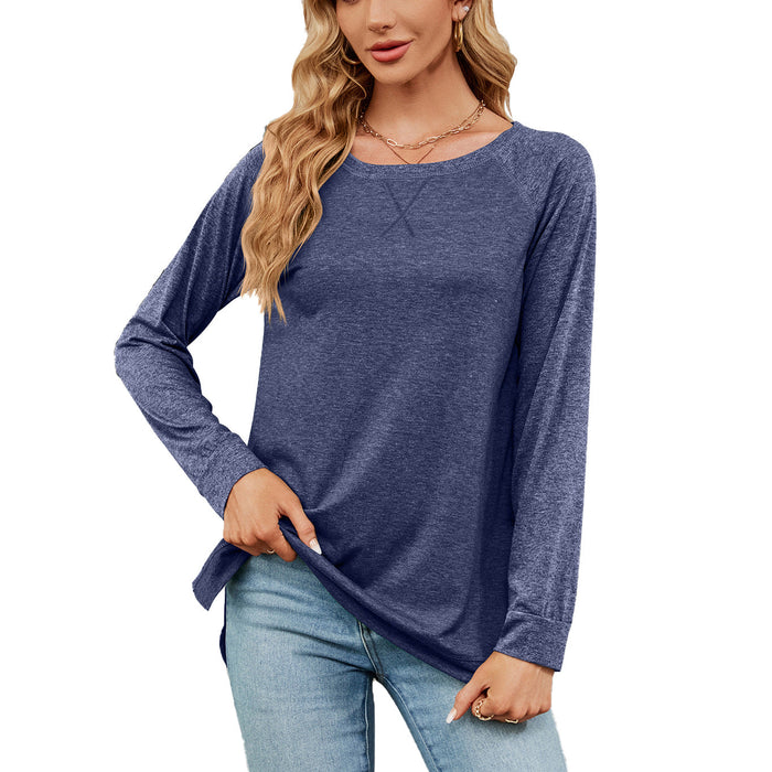 Autumn Winter round Neck Contrast Color Loose Long-Sleeved T-shirt Split Top Women