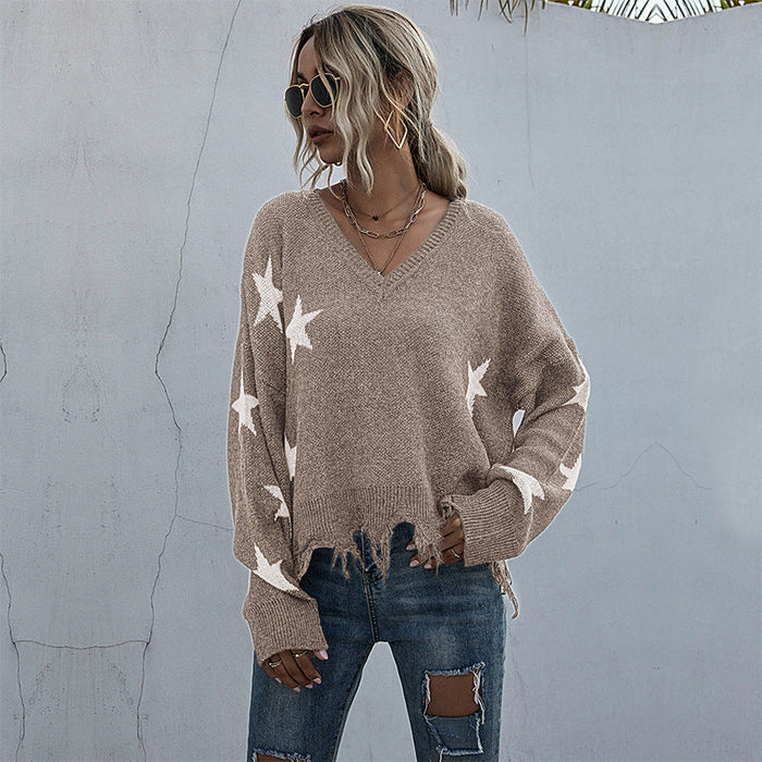 Women Clothing Pattern V neck Tassel Women Knitted Sweater Autumn Winter