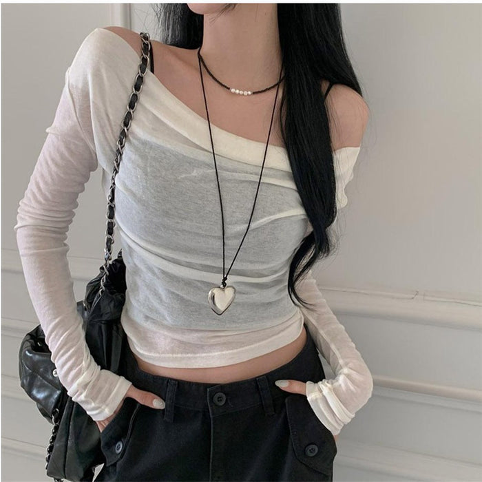 Multiple Wear Swing Collar Solid Color Thin Bottoming Shirt Women Autumn Slim Fit Pullover Micro Transparent Long Sleeve T Shirt