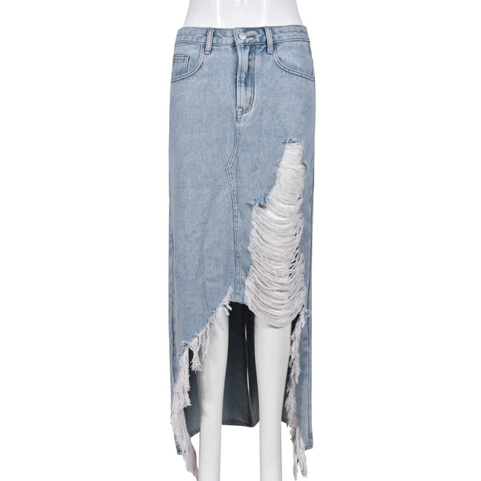 Women Streetwear Personalized Denim Wash Pocket Slit Tassel Skirt for Women