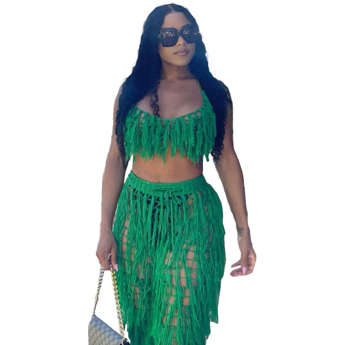 Sexy See through Knitted Hand Crochet Tassel Beach Suit