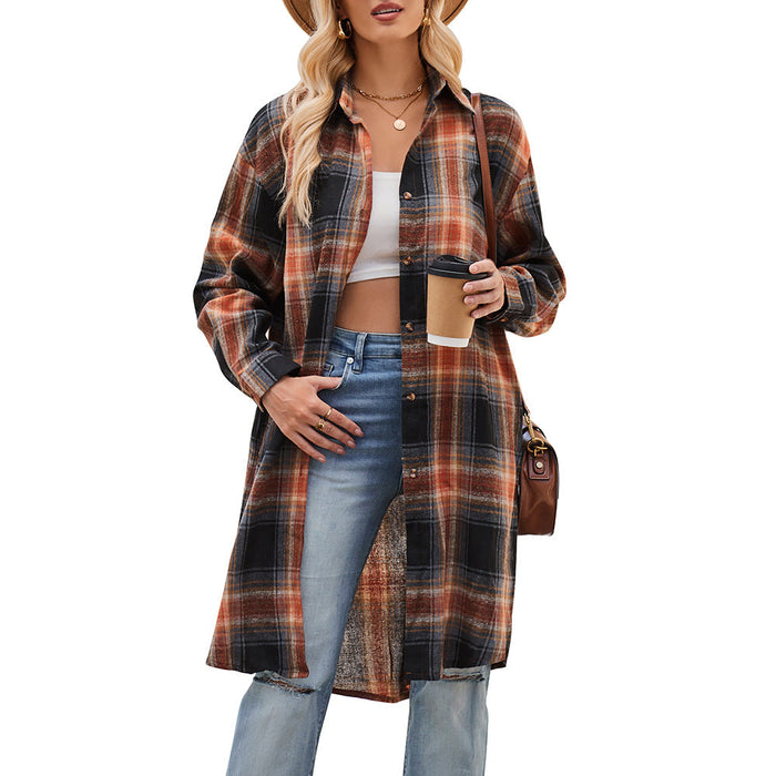 Women Autumn Winter Casual Loose Long Trench Coat Plaid Shirt