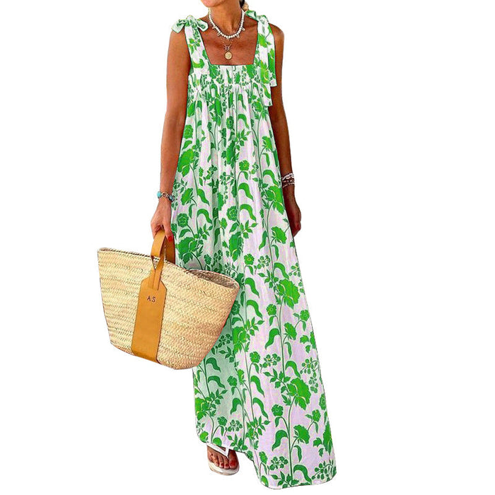 Women Clothing Summer Vacation Spaghetti-Strap Print Dress Leaf Floral Printed