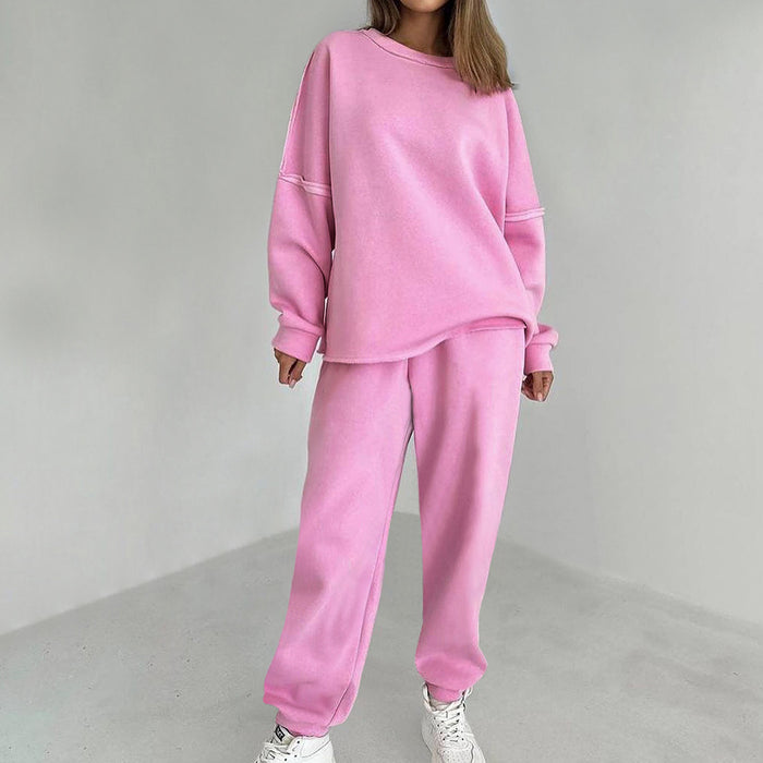 Pink round Collar Sports Brushed Hoody High Waist Sweatpants Autumn Women Clothing