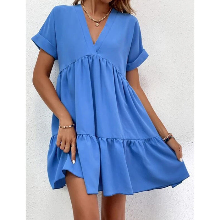 Women Solid Color Loose Waist Midi Dress V neck Dress for Women