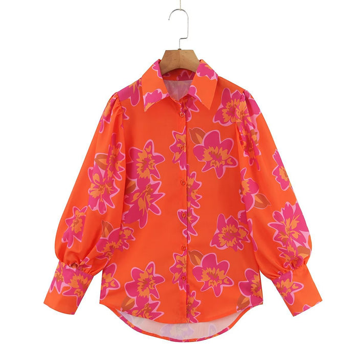 Autumn Winter Women Clothing Floral Printing Collared Single Breasted Shirt