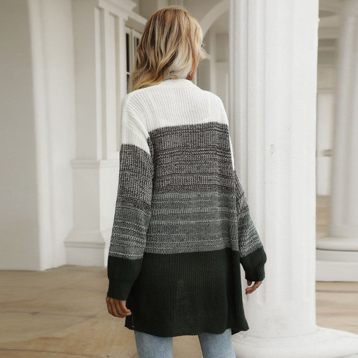 Women Clothing Autumn Winter Color Matching Bottoming V Neck Knitted Sweater Women Coat