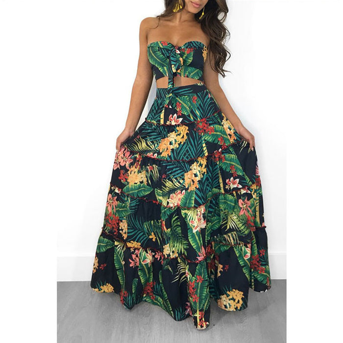 Popular Classic Tropical Leaf Printing Skirt Set Multi Size Wooden Ear Beach Skirt Two Piece Set