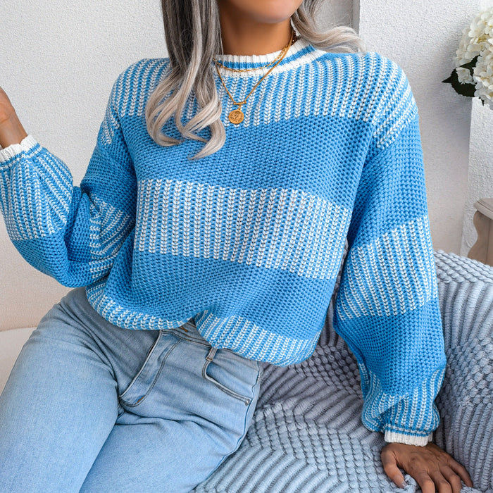 Autumn Winter Casual Contrast Color Striped Long Sleeve Knitted Sweater Women Clothing