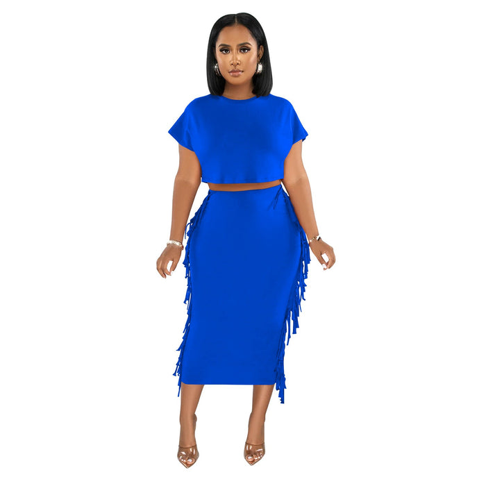 Women Wear Solid Color Tassel Round Neck Short Sleeve Two Piece Set