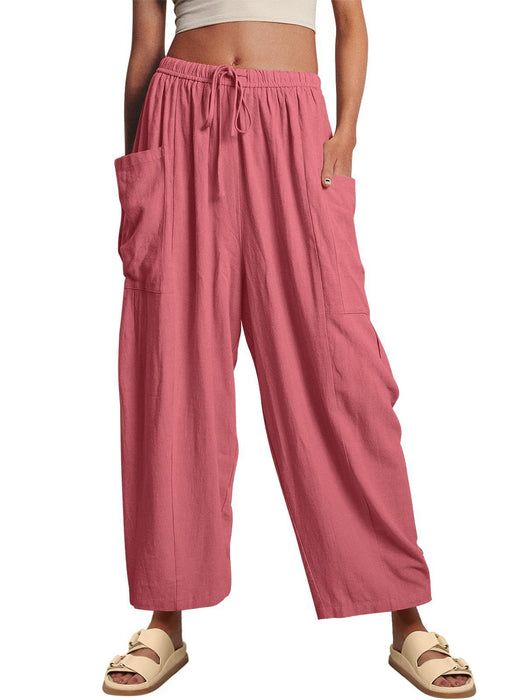 Women Clothing Elastic Waist Pleated High Waist Wide Leg Pants Loose Casual Cotton Linen Trousers