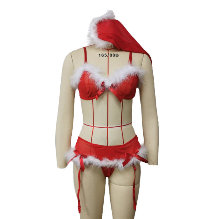 Sexy White Fur Raw Edge Three Point Garter Christmas Sexy Lingerie Set