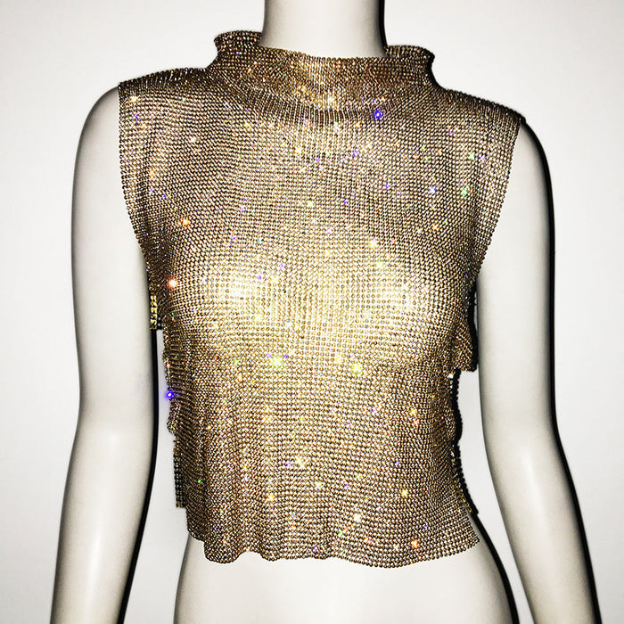 Women's Clothing Full Diamond Vest Luxury Turtleneck Rhinestone Top Sexy Nightclub Sexy Vest