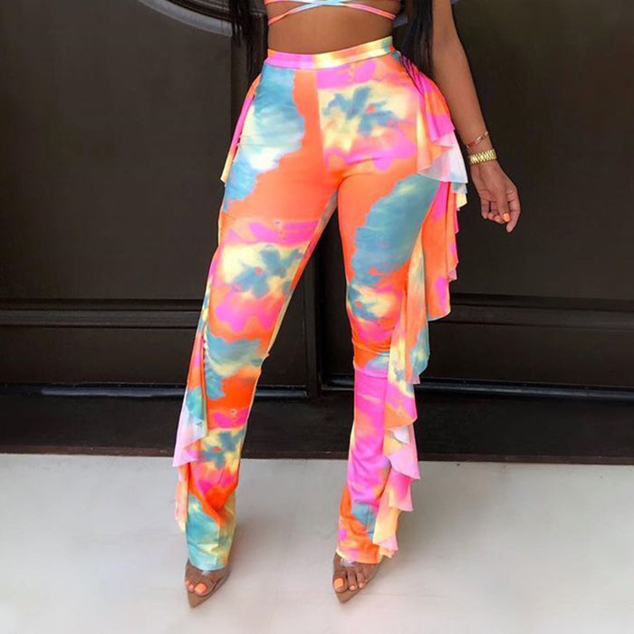 Casual Tie Dyed Printed Wooden Ear Straight Leg Pants Women Pants