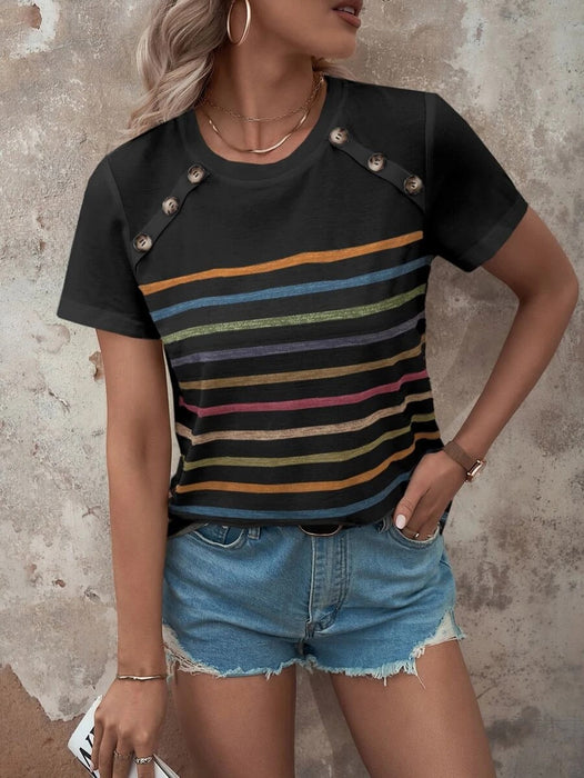 Women Clothing Summer Striped Print Stitching Button Short Sleeved Casual Top Women