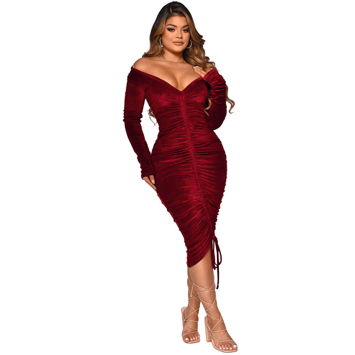 Women Clothing Autumn Winter V-neck off-Shoulder Velvet Pleating Sexy Mid-Length Dress