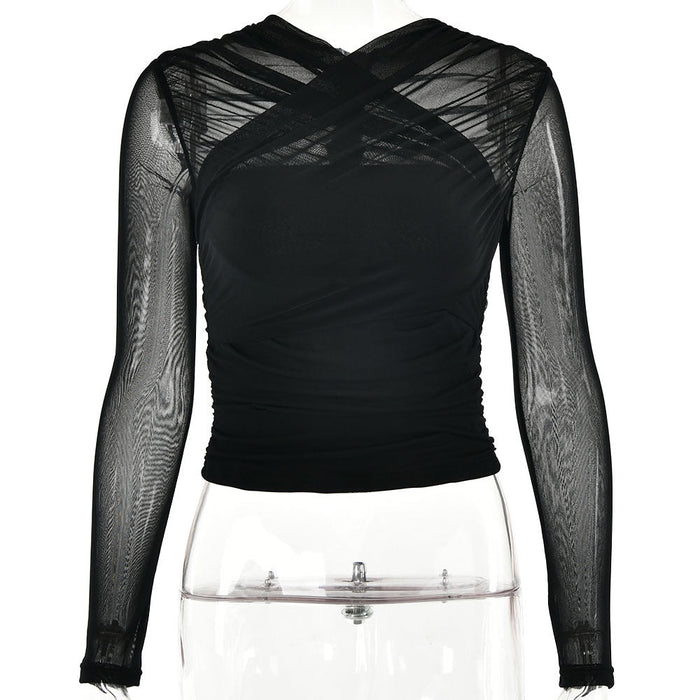 Sexy Mesh Stitching Zipper See through Long Sleeve Short Top