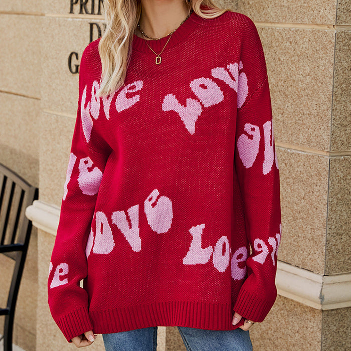 Autumn Winter Women Idle round Neck Letter Graphic Jacquard Long Sleeve Pullover Sweater