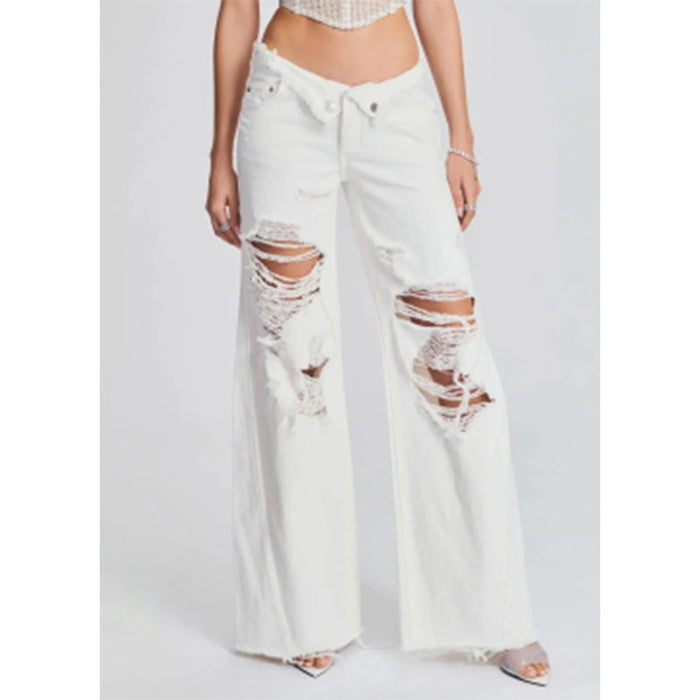 Ladies Jeans Ripped Irregular Asymmetric Side Turn Waist Wide Leg Trousers Women