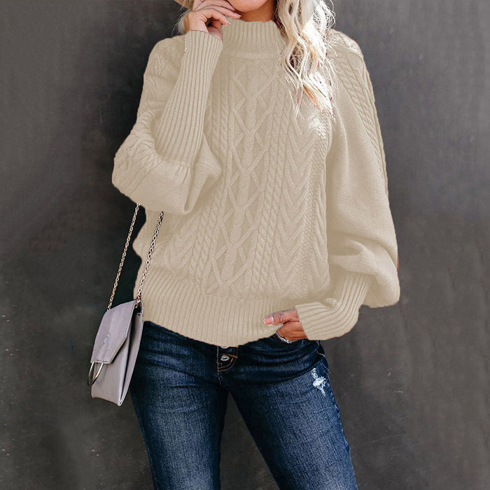 Winter Mid Neck Sweater Women Loose Long Sleeve Knitted Solid Color Sweater